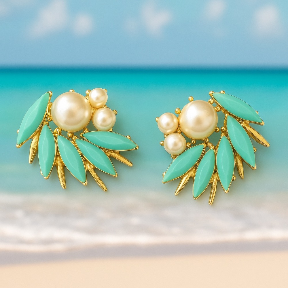 Mint Green and White Earrings with Pearl Accents